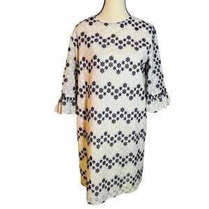 Vineyard Vines Women White Blue Eyelet 3/4 Ruffled Sleeve Greenwich Dress Size S